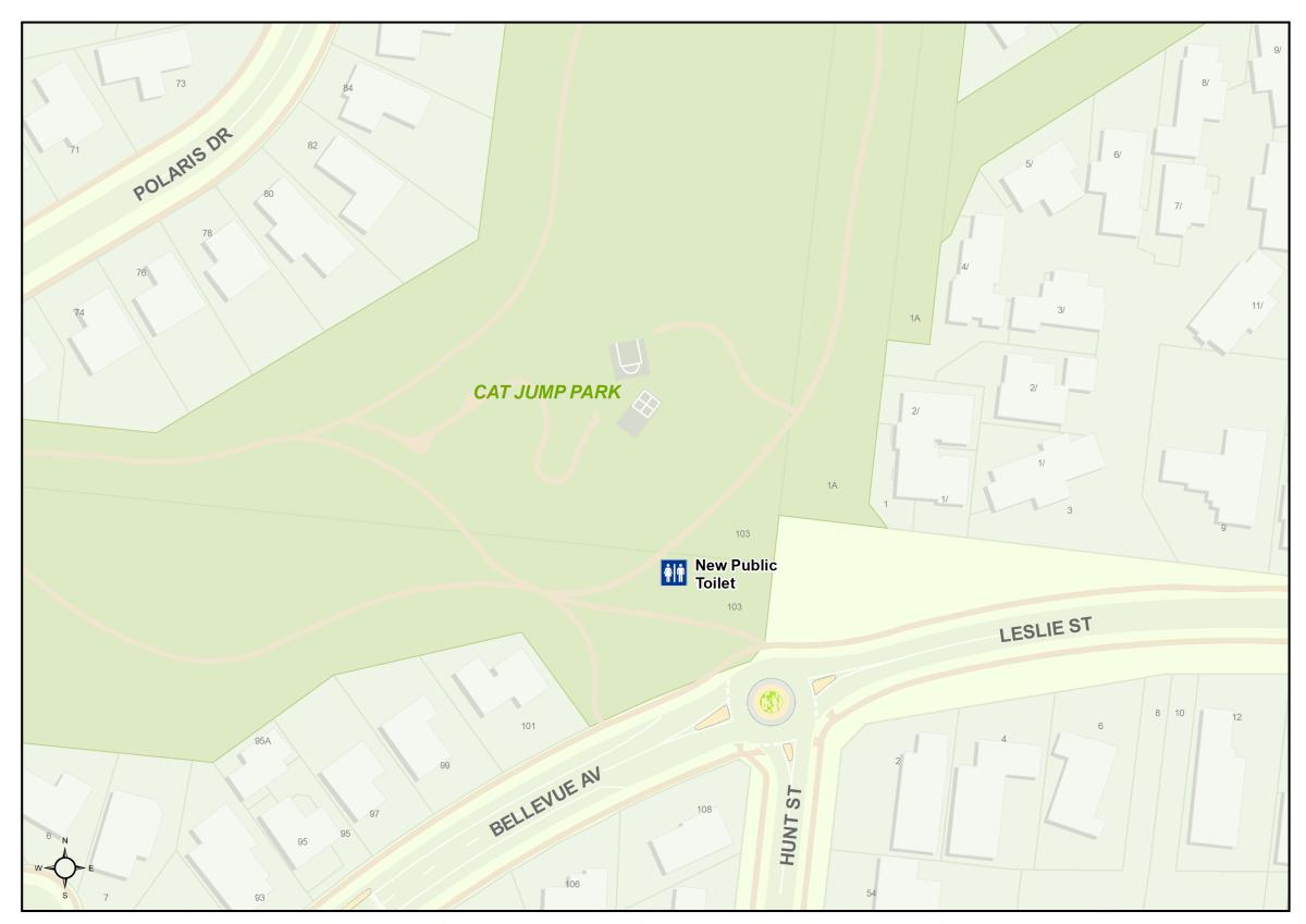 A green and grey map of Cat Jump Park showing the new public toilet location north of a roundabout intersection