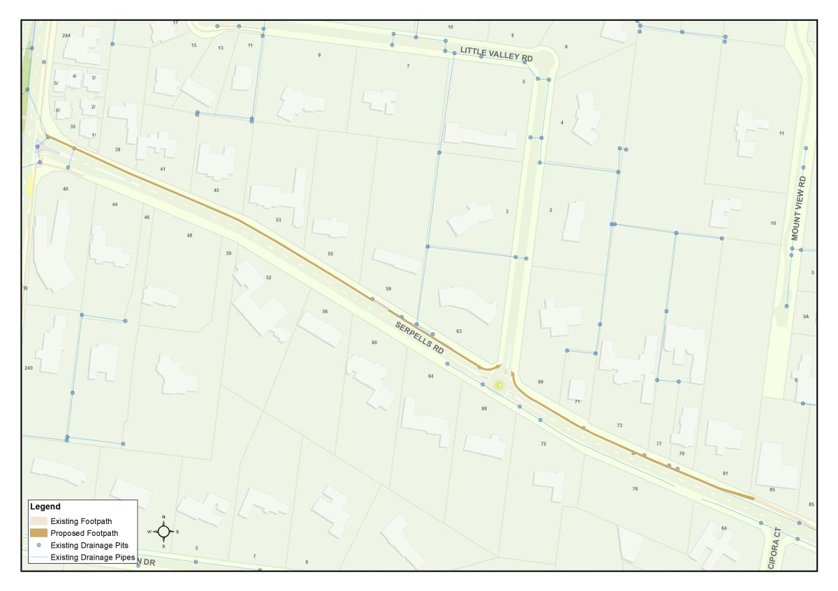 A map showing the location of the proposed footpath construction along Serpells Road, Templestowe