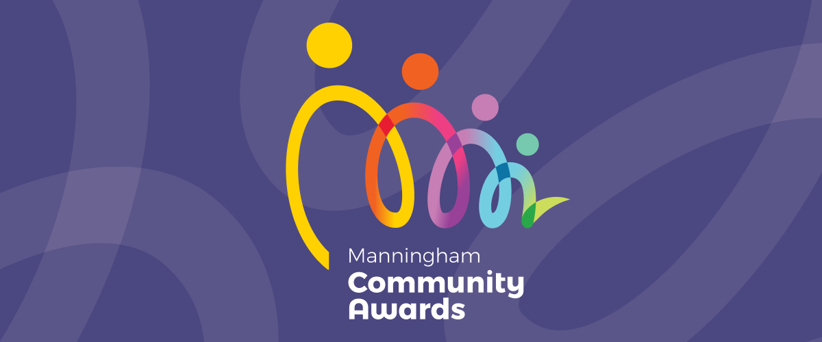 Colourful ribbon-like figures on a purple background with text: Manningham Community Awards. A vibrant, inclusive community design.