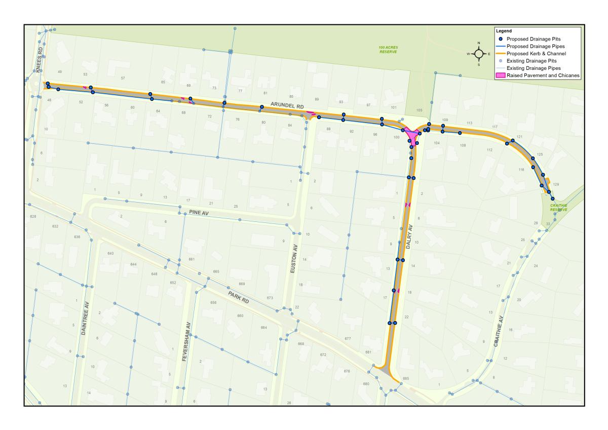 Map showing proposed drainage upgrades on Arundel Rd and Dalry Av, including pits, pipes, kerbs, and raised pavement/chicanes.