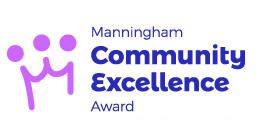 Logo for the Manningham Community Excellence Award, featuring three purple abstract figures and bold blue and purple text on a white background.