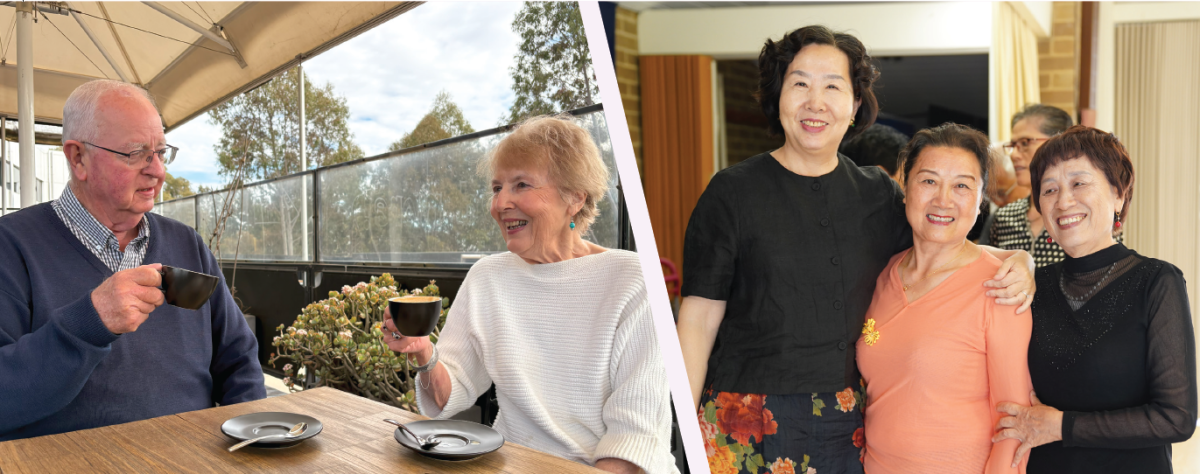 two images side by side. The first depicts a couple at a cafe drinking coffee, the other is three women smiling and looking at the camera