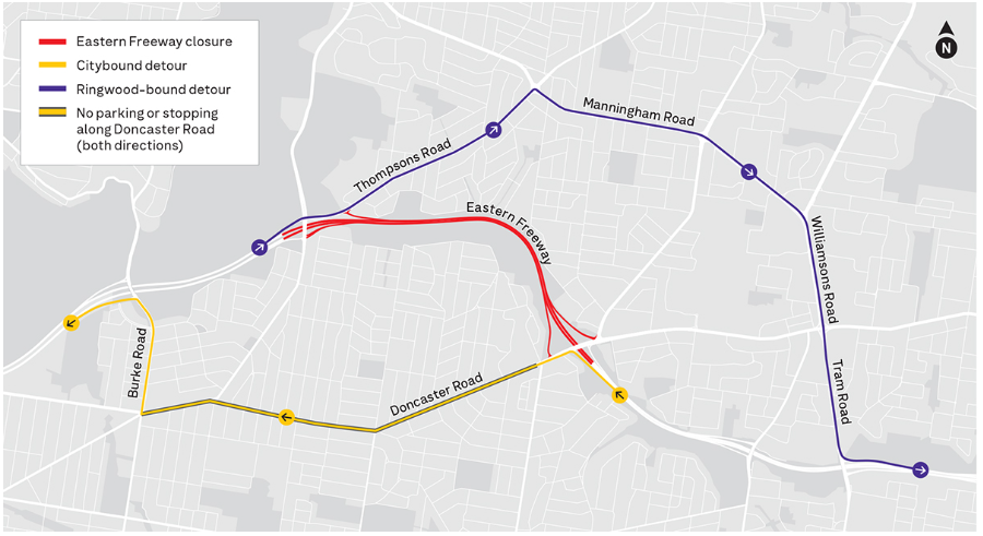 Map showing Eastern Freeway closure, with detours for citybound traffic via Thompsons and Manningham Roads (purple), and Ringwood-bound traffic via Tram and Wetherby Roads (blue). No parking zones are marked along Doncaster Road (yellow).