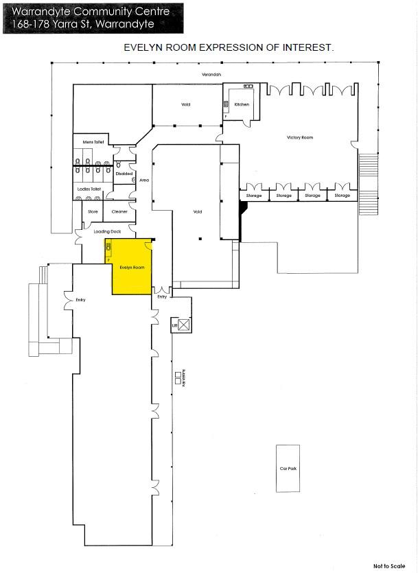 Floorplan of building with Evelyn room highlighted in yellow