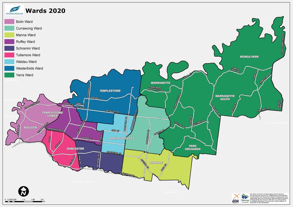 Map showing the 9 new ward boundaries of Manningham