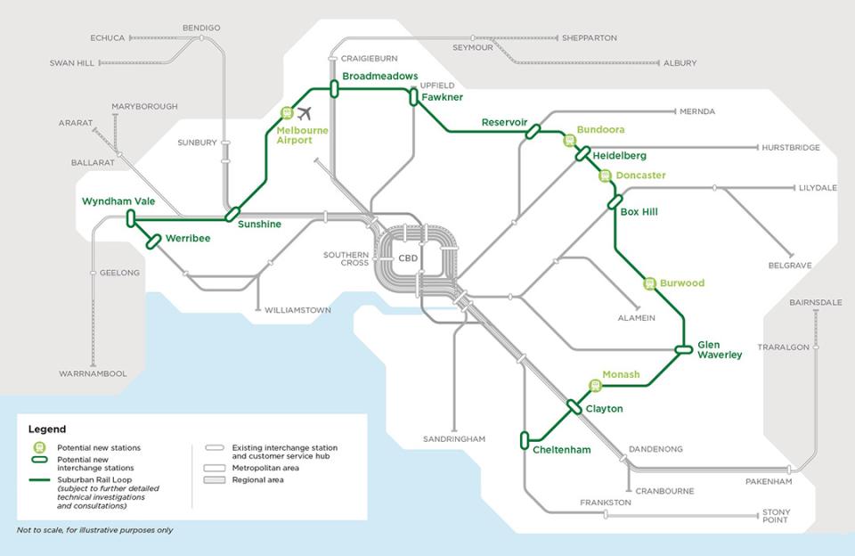 map showing the proposed stations and route of the Suburban Rail Loop