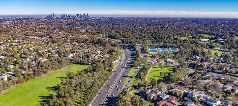 Aerial photo of Eastern Freeway in Bulleen