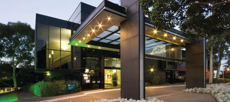 Exterior of Manningham Civic Centre at dusk