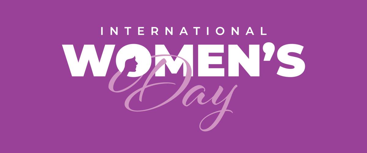 The words International Women's Day on a purple background.