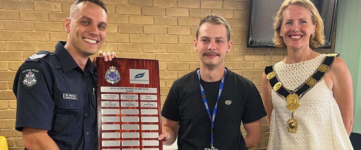 Mentor of the Year, Senior Constable Mathew Malusa and Senior Member of the Year, First Constable Bailey Robertson  with Mayor Cr Deirdre Diamante