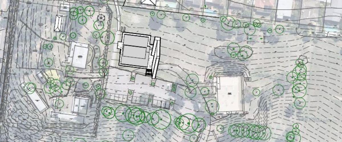 A working drawing of the Schramms Cottage Visitor Centre site from above
