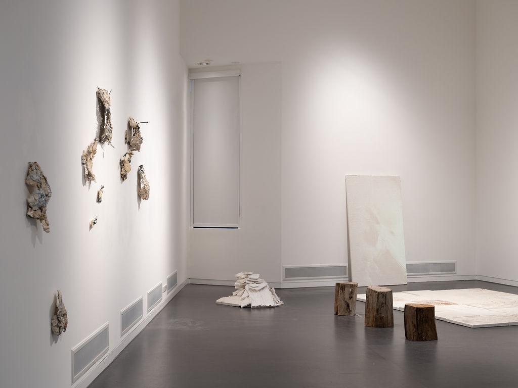 Interior of an art gallery with small sculptural pieces made from natural materials on the wall and floor