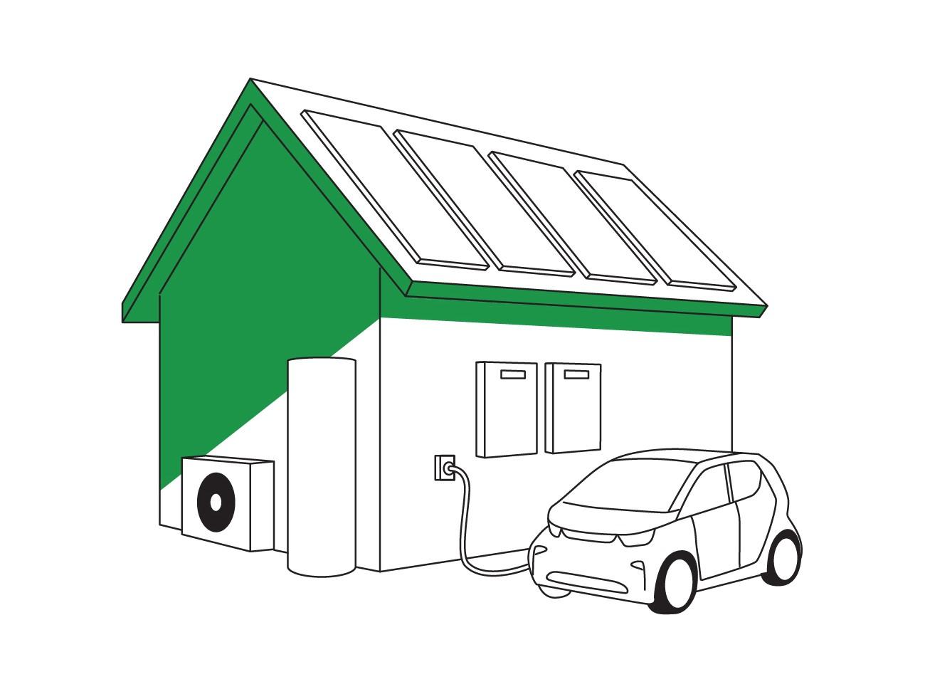 A home with solar panels, batteries and a hot water heat pump. An electric car is parked next to the house. 