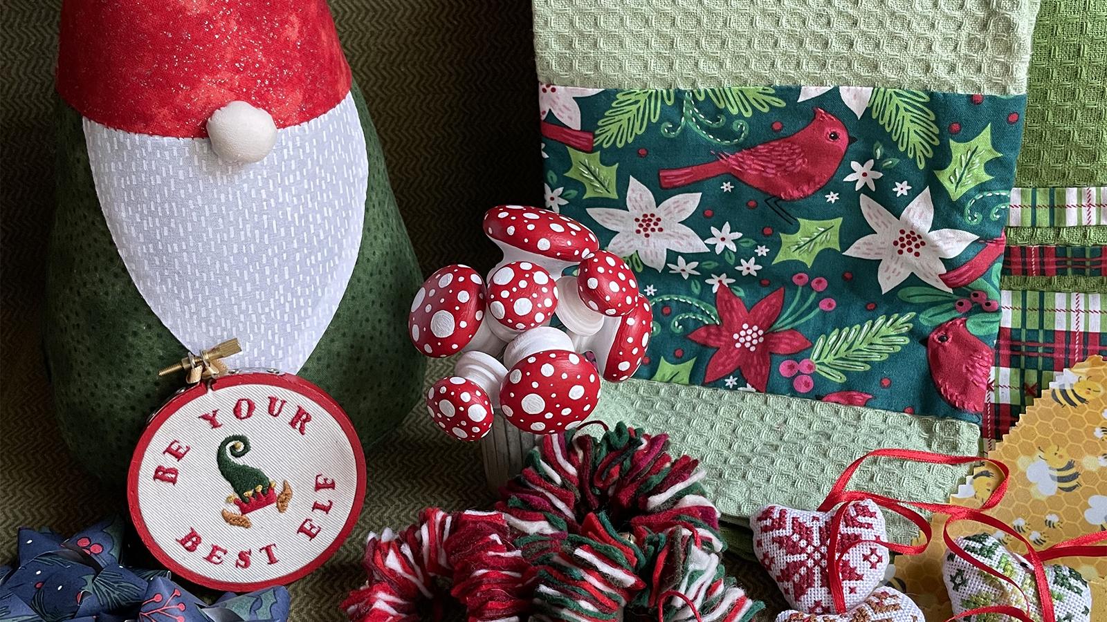 various festive crafts on a couch