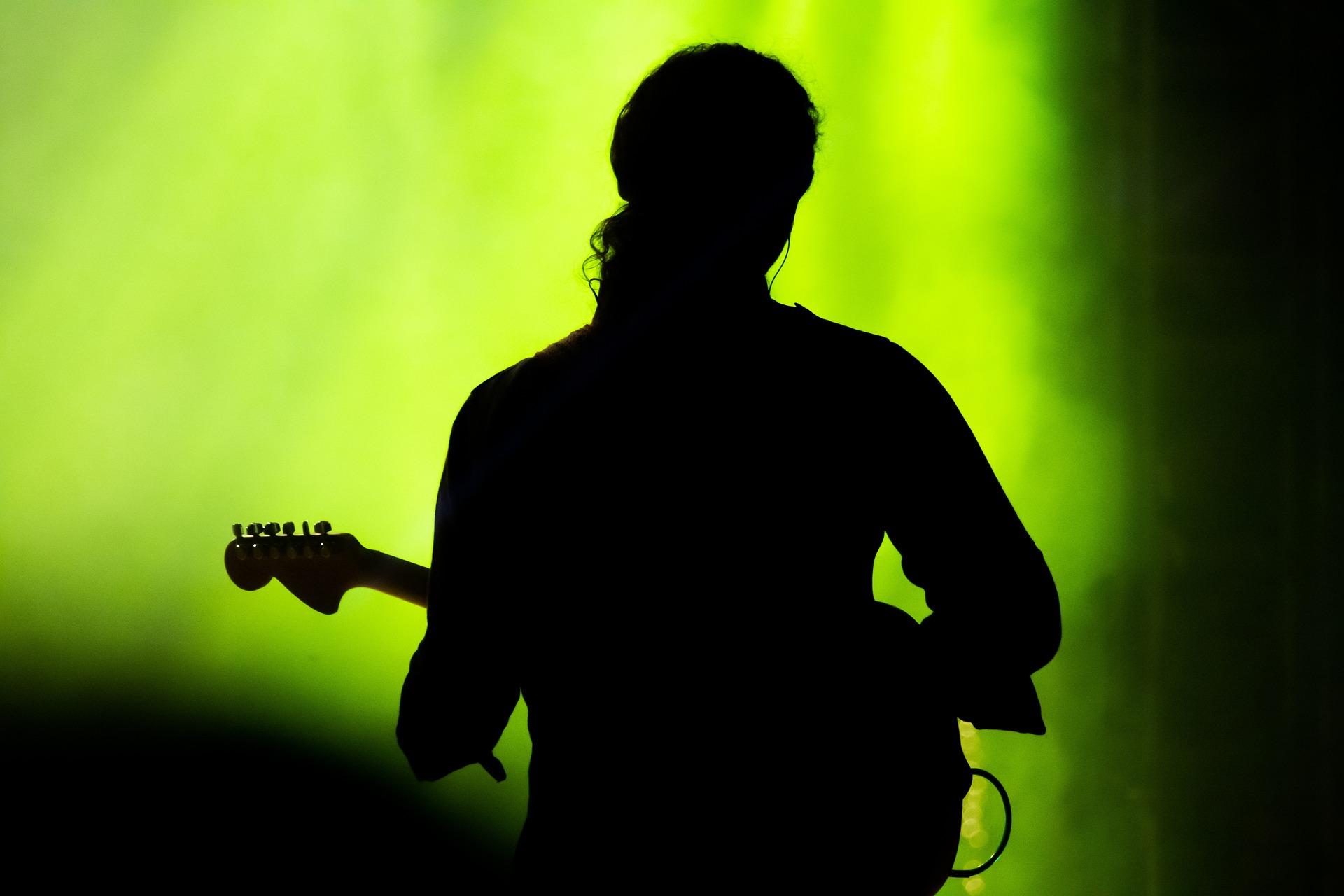 A person in silhouette  playing a guitar in front of a green background 