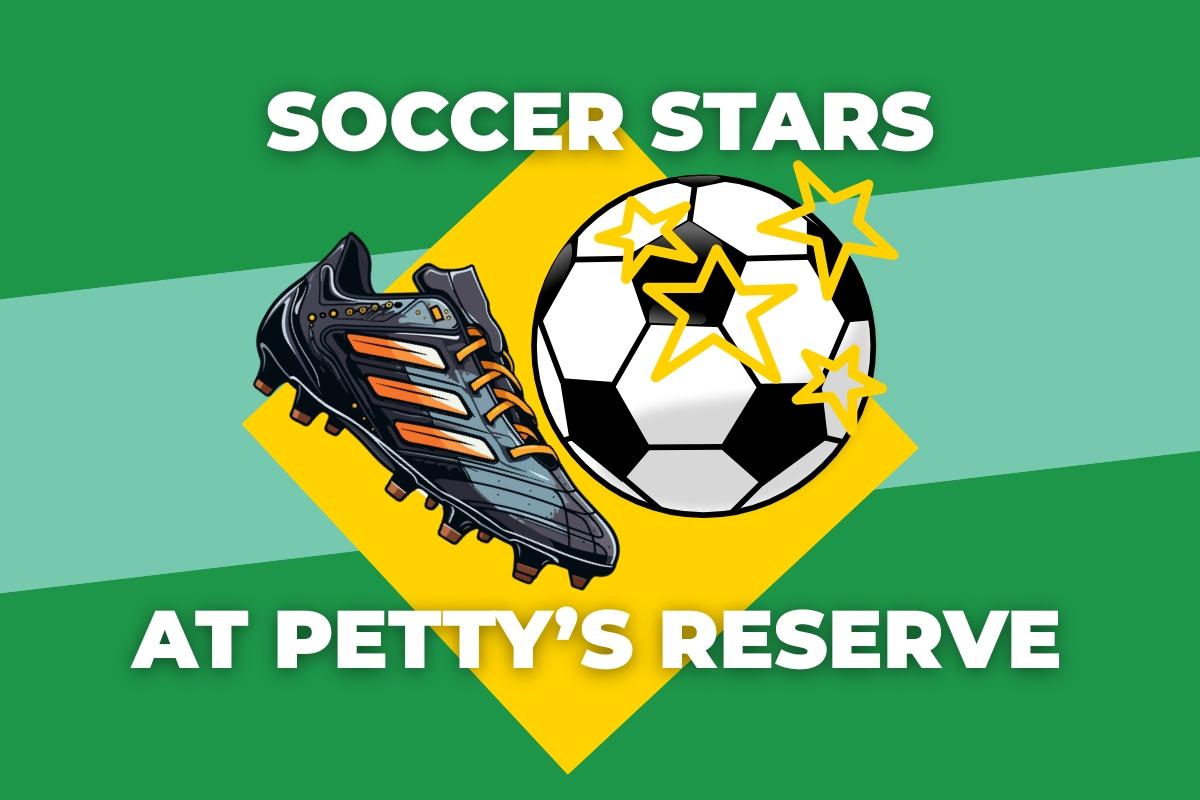 Text that says Soccer Stars Program at pettys Reserve with an image of a soccer ball and football boot