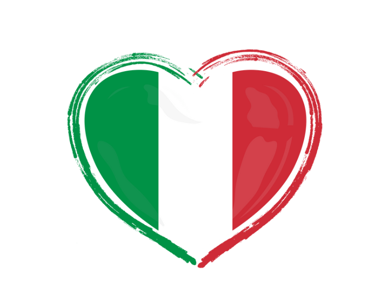A heart-shaped design featuring the Italian flag with green on the left, white in the center, and red on the right, created using bold brushstroke-style lines on a white background.