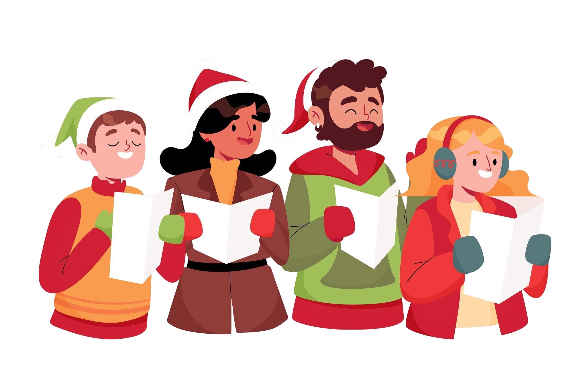 Graphic of four people singing, they are wearing Christmas colours and santa hats and holding booklets.