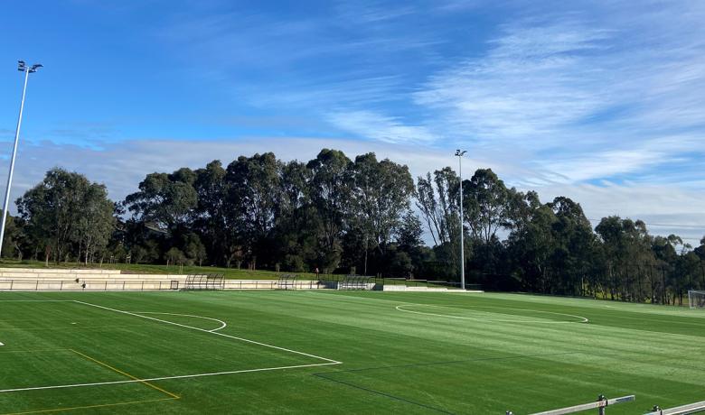 Green soccer pitch with white, orange and blue line markings, seating to one side and three sets off lights on tall poles. Native trees surround the pitch.