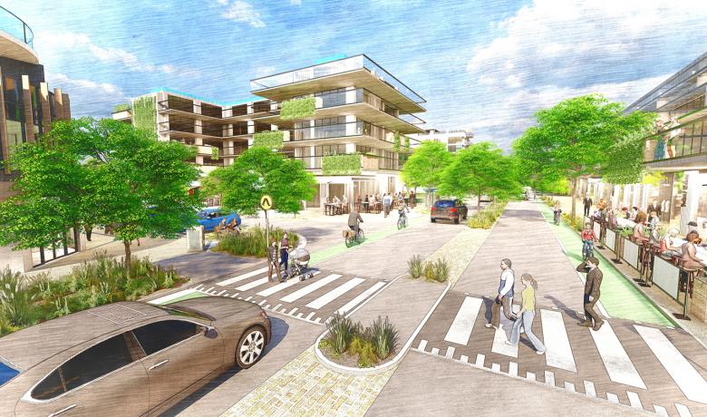 Artist's render of Tunstall Square Shopping Centre with medium density buildings, mature green trees, pedestrian crossing and a car in the foreground