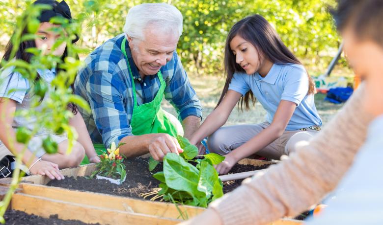 Old man in garden intergenerational