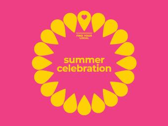 This is a graphic designed image of the words Find Your Local Summer Celebration in yellow surrounded by a circle of yellow tear drops that look like a sun, on a hot pink background.