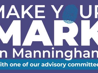 The words "Make your mark on Manningham with one of our advisory committees" in white text on a purple background with an image of a finger print replacing the letter O in your.