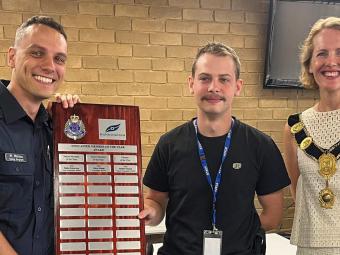 Mentor of the Year, Senior Constable Mathew Malusa and Senior Member of the Year, First Constable Bailey Robertson  with Mayor Cr Deirdre Diamante