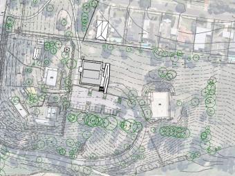 A working drawing of the Schramms Cottage Visitor Centre site from above