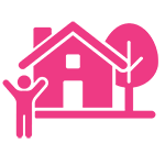 Icon of a pink person in front of pink house and tree